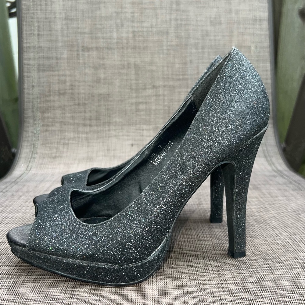 Maurices Black Glitter Peep Toe Heels